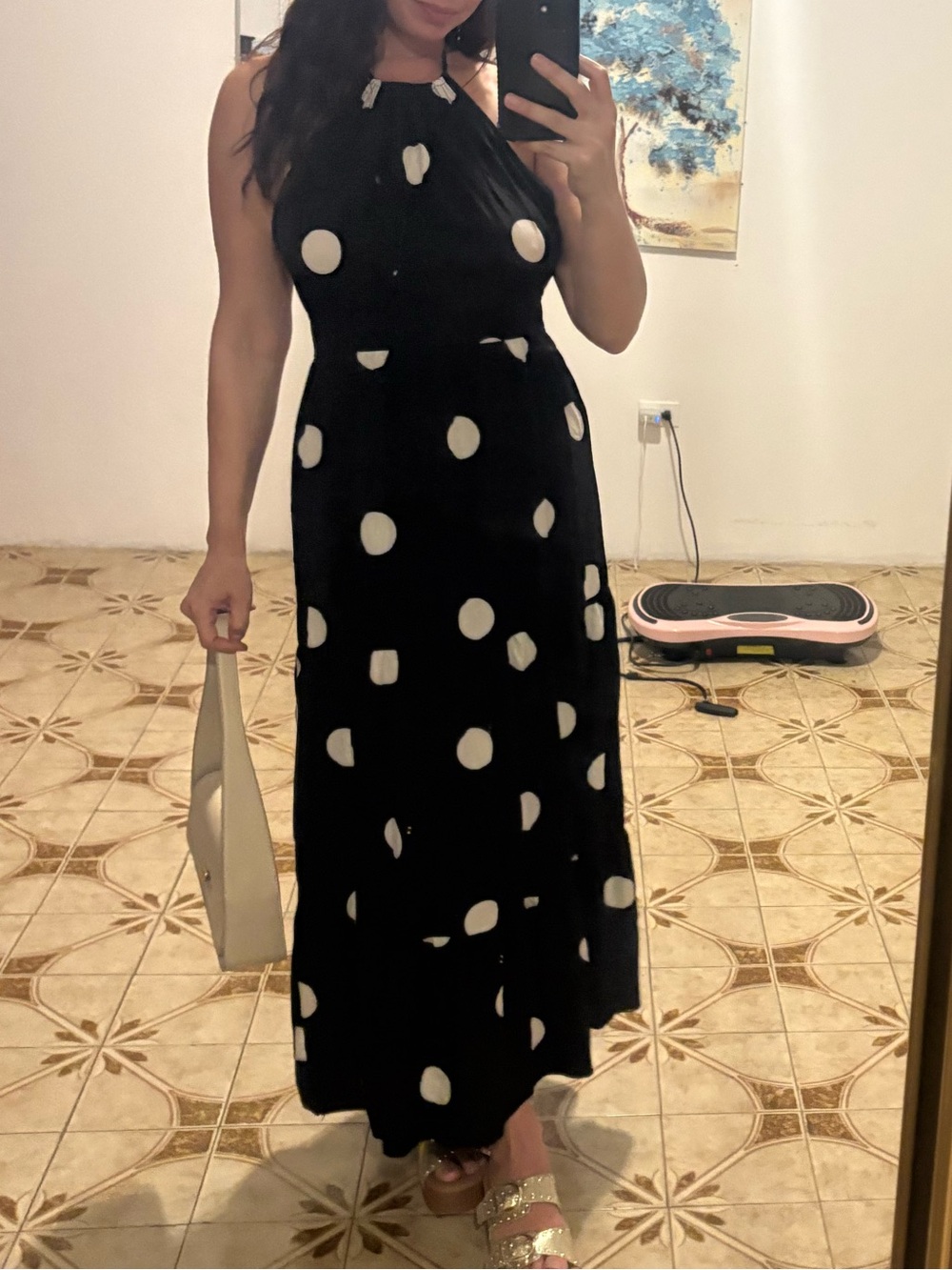 Black Polka Dot Halter Midi Dress